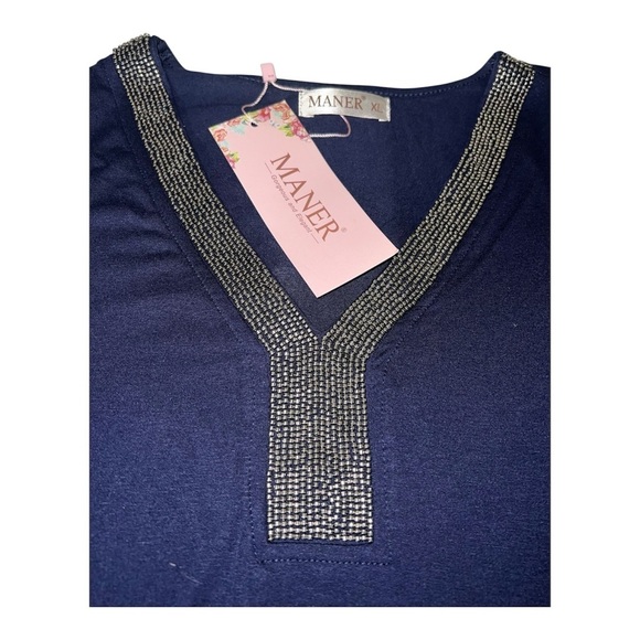 Maner Tops - Chic Navy Short Sleeve V-Neck Top